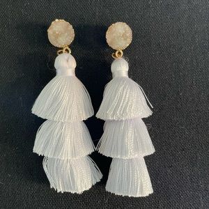White Tassel Fringe Crystal Statement Earrings
